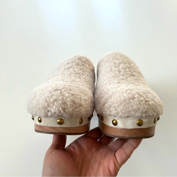 J. Crew Ivory White Sherpa Faux Fur Wood Platform Studded Slip-On Clogs - Picture 3 of 10